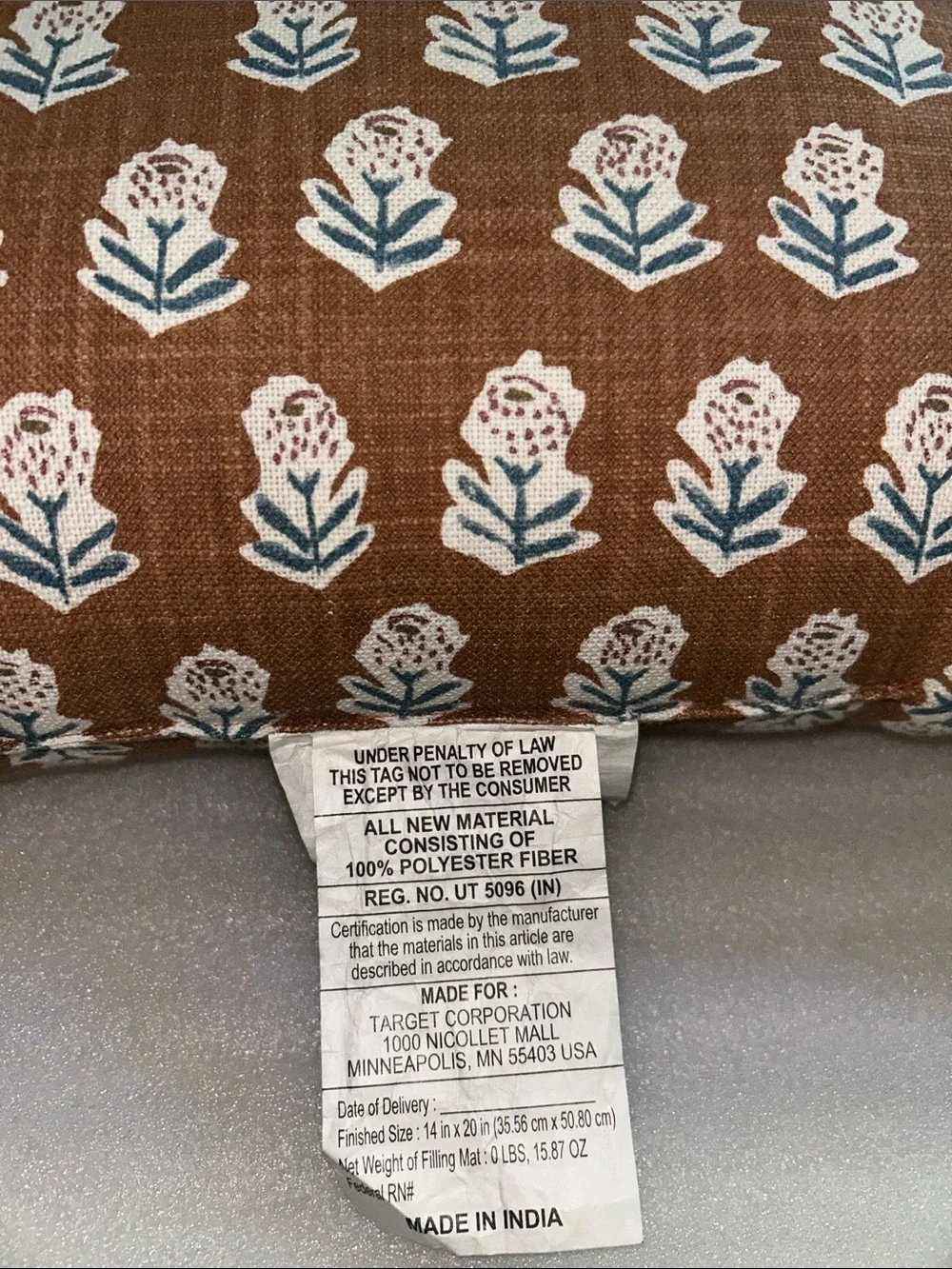 Threshold Orange Floral Block-Print Lumbar Pillow. 14” x 20”